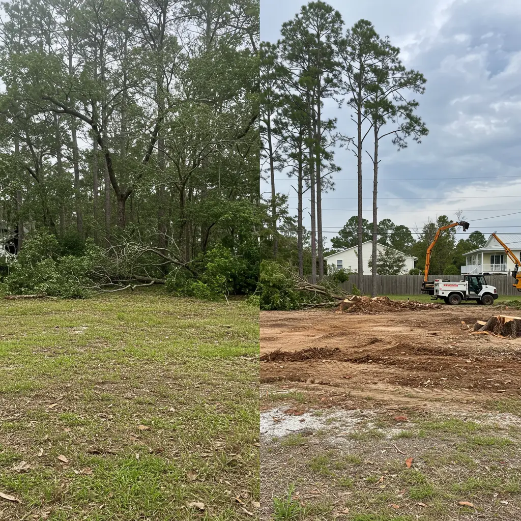 Before and after tree removal site cleanup in Panama City, Florida