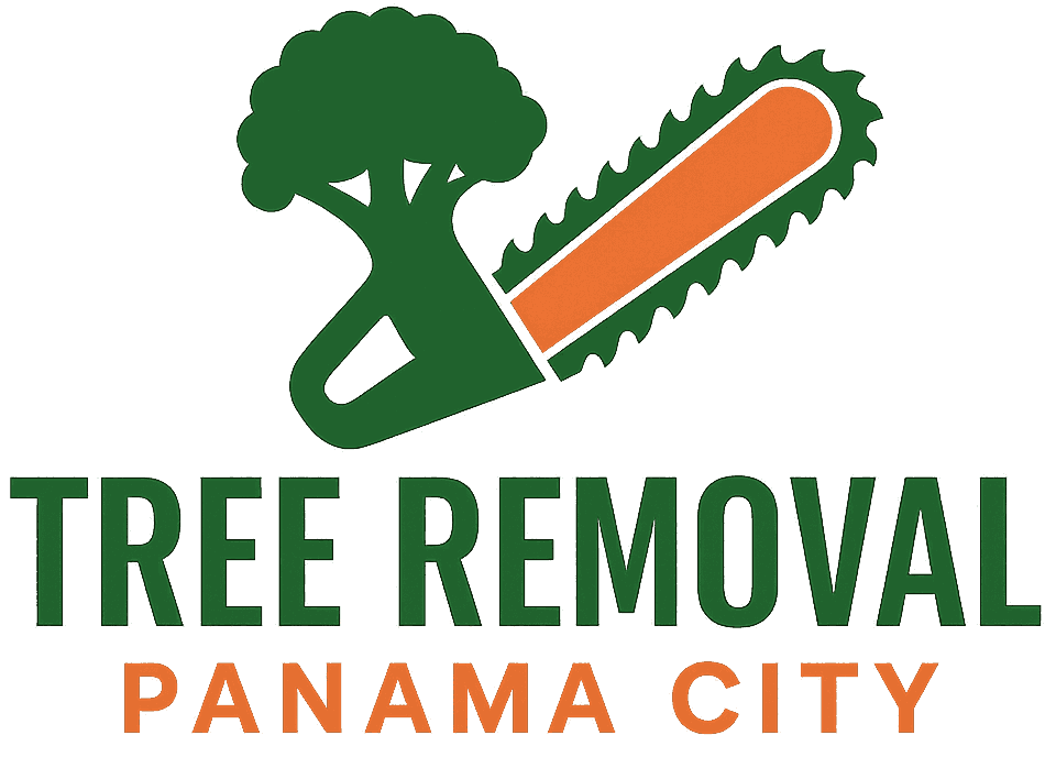 Tree Removal Panama City logo with green tree and orange chainsaw