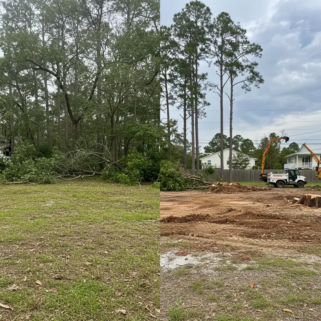 Before and after tree removal site cleanup in Panama City, Florida